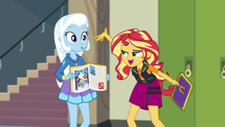 Size: 1920x1080 | Tagged: safe, screencap, sunset shimmer, trixie, equestria girls, equestria girls specials, g4, my little pony equestria girls: better together, my little pony equestria girls: forgotten friendship, book, geode of empathy, magical geodes
