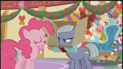 Size: 1280x720 | Tagged: safe, screencap, limestone pie, pinkie pie, earth pony, pony, g4, my little pony best gift ever, decoration, discovery family logo, duo, eyes closed, female, mare, present, sisters