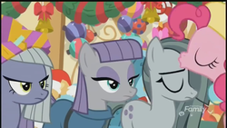 Size: 1280x720 | Tagged: safe, screencap, limestone pie, marble pie, maud pie, pinkie pie, earth pony, pony, g4, my little pony best gift ever, decoration, discovery family logo, eyes closed, female, forehead kiss, kissing, mare, pie sisters, platonic kiss, siblings, sisters