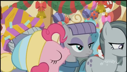 Size: 1280x720 | Tagged: safe, screencap, limestone pie, marble pie, maud pie, pinkie pie, earth pony, pony, best gift ever, g4, cheek kiss, decoration, discovery family logo, eyes closed, female, hat, kissing, mare, maud being maud, pie sisters, platonic kiss, siblings, sisters