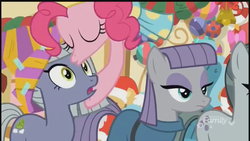Size: 1280x720 | Tagged: safe, screencap, limestone pie, marble pie, maud pie, pinkie pie, earth pony, pony, best gift ever, g4, decoration, discovery family logo, eyes closed, female, forehead kiss, hat, kissing, mare, pie sisters, platonic kiss, siblings, sisters