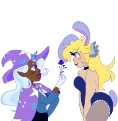 Size: 1280x1310 | Tagged: safe, artist:cubbybatdoodles, derpy hooves, trixie, human, g4, bunny suit, clothes, dark skin, female, flower, humanized, lesbian, shipping, simple background, transparent background, tripy, wing ears
