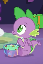 Size: 277x412 | Tagged: safe, screencap, spike, dragon, g4, my little pony best gift ever, bowl, claws, cropped, food, male, pudding, puddinghead's pudding, solo, spoon, tail, winged spike, wings