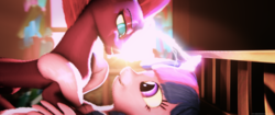 Size: 4096x1716 | Tagged: safe, artist:lux-the-pegasus, tempest shadow, twilight sparkle, alicorn, pony, g4, 3d, female, horns would be touching, lesbian, ship:tempestlight, shipping, twilight sparkle (alicorn)