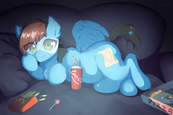 Size: 3000x2000 | Tagged: safe, artist:detectiveneko, oc, oc only, oc:blue scroll, pegasus, pony, chubby, coca-cola, couch, female, fluffy, food, french fries, goggles, high res, mare, mcdonald's, pizza, prone, smiling, soda, solo, tongue out