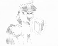 Size: 1475x1164 | Tagged: safe, artist:saturdaymorningproj, twilight sparkle, alicorn, pony, g4, my little pony best gift ever, book, crazy face, faic, female, insanity, laughing, laughing mad, magic, mare, monochrome, sketch, solo, telekinesis, traditional art, twilight snapple, twilight sparkle (alicorn), twilynanas