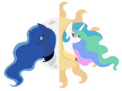 Size: 2740x2055 | Tagged: safe, artist:calibykitty, princess celestia, princess luna, alicorn, pony, g4, bust, female, flowing mane, high res, hooves, horn, lineless, mare, simple background, smiling, sun and moon, transparent background