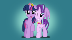Size: 5742x3230 | Tagged: safe, artist:jhayarr23, starlight glimmer, twilight sparkle, alicorn, pony, unicorn, father knows beast, g4, best friends, cheek squish, crown, cute, daaaaaaaaaaaw, duo, duo female, equestrian pink heart of courage, female, folded wings, glimmerbetes, grin, horn, hug, jewelry, mare, necklace, new crown, one eye closed, one wing out, open mouth, regalia, simple background, smiling, squishy cheeks, twiabetes, twilight sparkle (alicorn), wing hands, winghug, wings