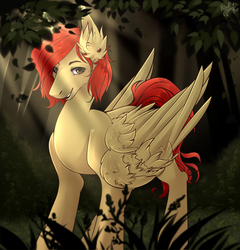 Size: 1879x1960 | Tagged: safe, artist:kindly-fox, oc, oc only, pegasus, pony, ear fluff, ear piercing, female, forest, mare, piercing, smiling, solo