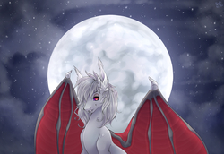 Size: 2107x1446 | Tagged: safe, artist:kindly-fox, oc, oc only, oc:bathory, bat pony, pony, bat pony oc, bust, female, full moon, mare, moon, night, red eyes, smiling, solo, spread wings, stars, wings