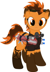 Size: 4000x5772 | Tagged: safe, artist:waveywaves, oc, oc only, oc:tey, earth pony, pony, amputee, dirty, female, flamethrower, gas mask, gas tank, goggles, grease, mare, mask, oxygen tank, prosthetic limb, prosthetics, simple background, solo, transparent background, weapon