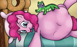 Size: 1300x800 | Tagged: safe, artist:variant, gummy, pinkie pie, alligator, earth pony, pony, art pack:hungry preds in your area, g4, belly, belly bumps, female, fetish, mare, pinkie pred, selfie, social media, tongue out, vore