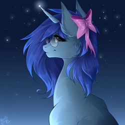 Size: 2500x2500 | Tagged: safe, artist:kindly-fox, oc, oc only, oc:save state, pony, unicorn, bow, bust, digital art, female, glasses, hair bow, high res, mare, night, night sky, signature, sky, smiling, solo, stars, ych result