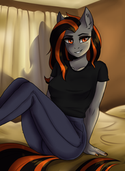 Size: 1900x2600 | Tagged: safe, artist:serodart, oc, oc only, anthro, anthro oc, bed, bedroom eyes, clothes, curtains, ear fluff, female, high res, jeans, looking at you, mare, nail polish, pants, shirt, sitting, solo