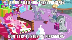 Size: 888x499 | Tagged: safe, edit, edited screencap, screencap, boulder (g4), limestone pie, marble pie, maud pie, pinkie pie, earth pony, pony, best gift ever, g4, bed, butt, christmas, discovery family logo, female, hat, holiday, mare, pie sisters, pinkie's bedroom, plot, present, santa hat, siblings, sisters