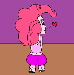 Size: 748x752 | Tagged: safe, artist:logan jones, pinkie pie, human, equestria girls, g4, ass, balloonbutt, barefoot, behind, butt, clothes, feet, female, heart, looking at you, looking back, pants, soles, sweatpants, tank top, toes