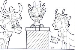 Size: 654x438 | Tagged: safe, artist:tascoby, alice the reindeer, aurora the reindeer, bori the reindeer, deer, reindeer, best gift ever, g4, doe, female, inktober, inktober 2018, monochrome, present, the gift givers, the gift givers of the grove