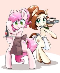 Size: 936x1138 | Tagged: safe, artist:akainu_pony, oc, earth pony, pony, alcohol, apron, bipedal, bottle, clothes, coffee, cup, drink, female, glass, mare, necktie, plate, shoes, smiling, spoon, tray, wine