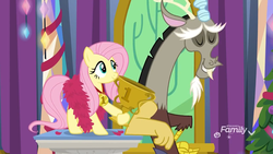 Size: 1280x720 | Tagged: safe, screencap, discord, fluttershy, draconequus, pegasus, pony, g4, my little pony best gift ever, discovery family logo, duo, eyes closed, feather boa, female, male, mare, pedestal, smiling, trophy