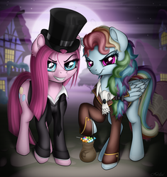 Size: 2307x2457 | Tagged: safe, artist:awalex, pinkie pie, rainbow dash, pony, the count of monte rainbow, g4, clothes, costume, dr jekyll and mr hyde, dr pinkie, dr pinkie and miss pie, female, grin, high res, mare, nightmare night, nightmare night costume, pinkamena diane pie, smiling, the count of monte cristo