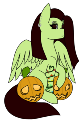 Size: 1349x2055 | Tagged: safe, artist:calibykitty, oc, oc only, oc:white lilly, pegasus, pony, icey-verse, commission, ear piercing, earring, eyebrow piercing, eyeshadow, female, halloween, holiday, jack-o-lantern, jewelry, lip piercing, magical lesbian spawn, makeup, mare, next generation, nose piercing, offspring, parent:applejack, parent:strawberry sunrise, parents:applerise, piercing, pumpkin, simple background, sitting, solo, tattoo, white background, ych result