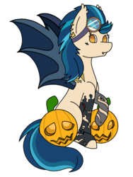 Size: 1546x2055 | Tagged: safe, artist:calibykitty, indigo zap, bat pony, pony, g4, bat ponified, commission, ear piercing, earring, equestria girls ponified, eyebrow piercing, fangs, female, goggles, halloween, holiday, indigobat, jack-o-lantern, jewelry, mare, piercing, ponified, pumpkin, race swap, raised hoof, simple background, solo, tattoo, white background, ych result