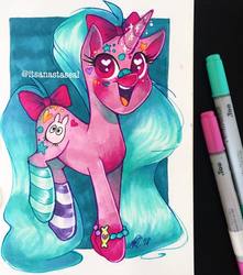 Size: 1080x1224 | Tagged: safe, artist:antych, oc, oc only, oc:shimmerfairy rainbow blush, pony, unicorn, bow, clothes, heart eyes, socks, solo, striped socks, tail bow, traditional art, wingding eyes