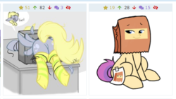 Size: 500x280 | Tagged: safe, artist:jen-neigh, artist:paperbagpony, derpibooru exclusive, edit, derpy hooves, flash sentry, oc, oc:paper bag, pony, derpibooru, g4, clothes, funny, juxtaposition, meta, oops, paper bag, silly, silly face, silly pony, socks, striped socks