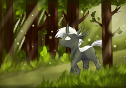Size: 5134x3564 | Tagged: safe, artist:jayliedoodle, oc, oc only, oc:frederick, changeling, commission, crepuscular rays, forest, forest background, fully shaded, peaceful, solo, sunlight, tree