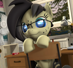 Size: 2314x2160 | Tagged: safe, artist:snek, oc, oc only, oc:morning melody, bat pony, pony, 3d, blue eyes, brown hair, brown mane, brown tail, chair, clothes, desk, freckles, glasses, high res, scarf, socks, solo, source filmmaker, tail