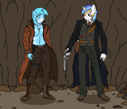 Size: 1169x1000 | Tagged: safe, artist:linedraweer, oc, oc only, oc:gallant heart, oc:white frost, anthro, anthro oc, army, blind, cave, clothes, commission, female, gun, handgun, metal gear, military, military uniform, pants, revolver, shirt, stripes, weapon