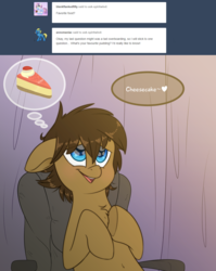 Size: 2000x2510 | Tagged: safe, artist:fluffyxai, oc, oc only, oc:spirit wind, pony, tumblr:ask spirit wind, ask, cake, chair, cheesecake, food, high res, speech bubble, tumblr