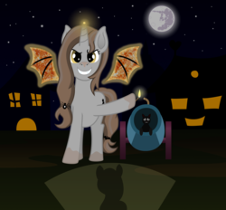 Size: 2219x2058 | Tagged: safe, artist:malte279, artist:tokokami, oc, oc:blackcat, cat, pony, unicorn, bat wings, black cat, cannon, contest entry, full moon, grin, halloween, high res, holiday, looking at you, mare in the moon, moon, night, night sky, party cannon, sky, smiling, wings
