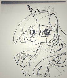 Size: 1024x1189 | Tagged: safe, artist:tingsan, twilight sparkle, alicorn, pony, g4, black and white, crown, deviantart watermark, female, grayscale, jewelry, looking at you, monochrome, obtrusive watermark, regalia, simple background, smiling, solo, traditional art, twilight sparkle (alicorn), watermark, white background