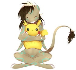 Size: 2994x2757 | Tagged: safe, artist:ariida-chi, oc, oc only, oc:rune, pegasus, pikachu, anthro, child, female, happy, high res, mare, plushie, pokémon, snuggling, solo, wings, young