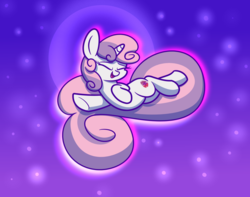 Size: 1280x1008 | Tagged: safe, artist:heir-of-rick, sweetie belle, pony, unicorn, g4, abstract background, eyes closed, female, filly, impossibly long tail, smiling, solo