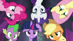 Size: 1280x720 | Tagged: safe, screencap, applejack, fluttershy, pinkie pie, rarity, spike, twilight sparkle, alicorn, dragon, pony, unicorn, g4, school raze, female, floppy ears, looking down, male, mare, twilight sparkle (alicorn)