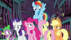 Size: 1280x720 | Tagged: safe, screencap, applejack, fluttershy, pinkie pie, rarity, spike, dragon, earth pony, pegasus, pony, g4, school raze, cage, female, grin, male, mare, smiling, varying degrees of want, winged spike, wings