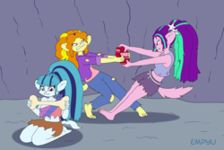 Size: 1000x667 | Tagged: safe, artist:empyu, adagio dazzle, aria blaze, sonata dusk, werewolf, equestria girls, g4, belly button, bone, clothes, female, fight, halloween, holiday, midriff, smiling, the dazzlings, trio