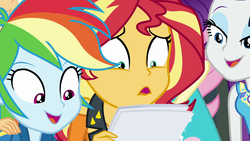 Size: 1920x1080 | Tagged: safe, screencap, rainbow dash, rarity, sunset shimmer, equestria girls, equestria girls specials, g4, my little pony equestria girls: better together, my little pony equestria girls: forgotten friendship, female, geode of shielding, magical geodes, open mouth, reaction