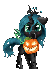 Size: 505x740 | Tagged: safe, artist:pridark, artist:szafir87, queen chrysalis, changeling, changeling queen, g4, animated, blushing, cute, cutealis, eye shimmer, female, gif, halloween, holiday, jack-o-lantern, looking at you, mouth hold, pumpkin, simple background, solo, transparent background