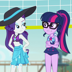 Size: 503x503 | Tagged: safe, screencap, rarity, sci-twi, twilight sparkle, equestria girls, equestria girls series, forgotten friendship, g4, belly button, clothes, cropped, duo, duo female, female, geode of empathy, geode of shielding, geode of sugar bombs, geode of super speed, geode of super strength, geode of telekinesis, glasses, hat, looking at each other, magical geodes, midriff, ponytail, raised eyebrow, rarity's blue sarong, rarity's purple bikini, sarong, scared, sci-twi swimsuit, selfie drone, sun hat, swimsuit, volleyball net
