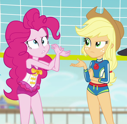 Size: 597x584 | Tagged: safe, screencap, applejack, pinkie pie, equestria girls, equestria girls specials, g4, my little pony equestria girls: better together, my little pony equestria girls: forgotten friendship, animation error, apple, applejack's hat, clothes, cowboy hat, cropped, derp, food, freckles, geode of super strength, hat, looking at each other, magical geodes, midriff, pinkie pie swimsuit, swimsuit