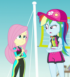 Size: 770x849 | Tagged: safe, screencap, fluttershy, rainbow dash, butterfly, fish, equestria girls, equestria girls specials, g4, my little pony equestria girls: better together, my little pony equestria girls: forgotten friendship, belly button, board shorts, cap, clothes, cropped, female, fluttershy's wetsuit, geode of fauna, geode of super speed, hat, looking at each other, magical geodes, midriff, rainbow dash's beach shorts swimsuit, raised eyebrow, sad, shorts, swimsuit, volleyball net, wetsuit