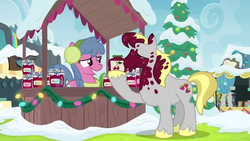 Size: 1280x720 | Tagged: safe, screencap, cherry jumble, hugh jelly, earth pony, pony, g4, my little pony best gift ever, background pony, cherry, clothes, colored hooves, earmuffs, female, food, jam, jar, kissing, male, mare, snow, stallion, unshorn fetlocks, winter outfit