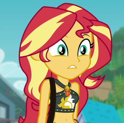 Size: 1015x1007 | Tagged: safe, screencap, sunset shimmer, equestria girls, equestria girls specials, g4, my little pony equestria girls: better together, my little pony equestria girls: forgotten friendship, belly button, clothes, cropped, female, geode of empathy, magical geodes, midriff, solo, swimsuit