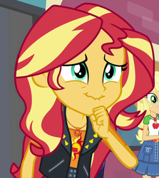 Size: 941x1056 | Tagged: safe, screencap, applejack, sunset shimmer, equestria girls, equestria girls series, forgotten friendship, g4, cropped, cute, geode of empathy, geode of super strength, lip bite, magical geodes, scrunchy face, shimmerbetes