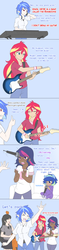 Size: 1280x5395 | Tagged: safe, artist:jonfawkes, dj pon-3, octavia melody, sci-twi, sunset shimmer, twilight sparkle, vinyl scratch, oc, oc:sparkling sapphire, human, ask human octavia, series:sciset diary, g4, clothes, comic, couch, guitar, humanized, magical lesbian spawn, microphone, offspring, parent:sci-twi, parent:sunset shimmer, parents:scitwishimmer