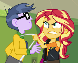 Size: 1215x988 | Tagged: safe, screencap, micro chips, sunset shimmer, equestria girls, equestria girls specials, g4, my little pony equestria girls: better together, my little pony equestria girls: forgotten friendship, angry, canterlot high, clothes, duo, geode of empathy, glasses, lockers, magical geodes, shoulder bag