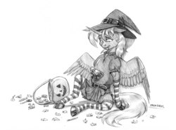 Size: 1400x1039 | Tagged: safe, artist:baron engel, princess luna, alicorn, pony, g4, clothes, female, grayscale, halloween, hat, holiday, jack-o-lantern, mare, monochrome, pumpkin, s1 luna, simple background, sketch, socks, solo, stomach ache, striped socks, traditional art, white background, witch, witch hat